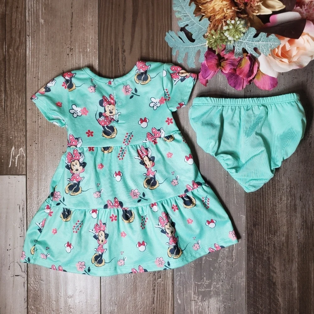 Disney Baby Minnie Mouse 2Pc Matching Mint Green Tiered Dress Set Size 3M NWOT
